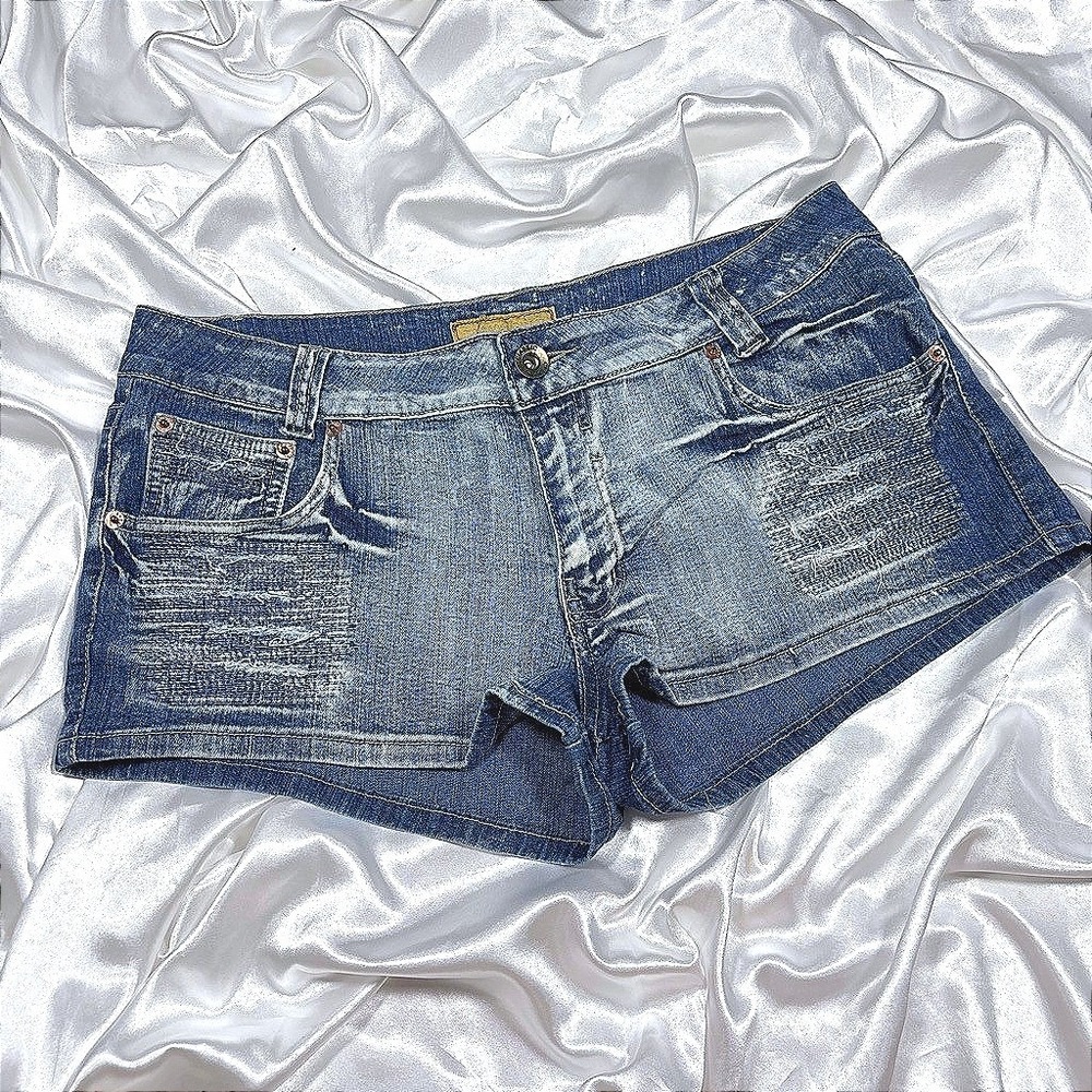 y2k distressed Denim Shorts Blue Acid Wash Stitched Patch Low Rise